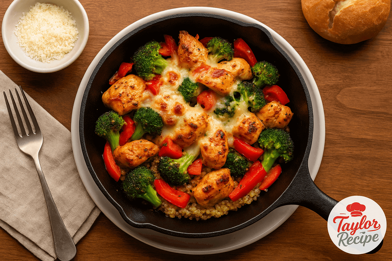 Healthy chicken skillet bake with broccoli, tomatoes, and melted cheese in a cast iron pan