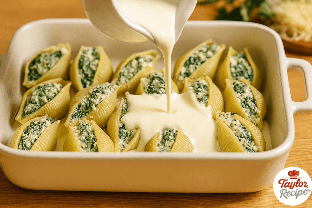 Heavy cream being poured over spinach and ricotta stuffed pasta shells in a baking dish.
