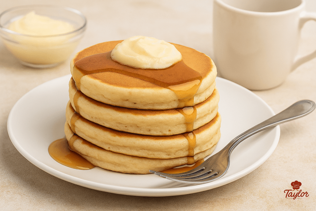 Fluffy buttermilk pancakes served with maple butter and fresh fruit on a plate