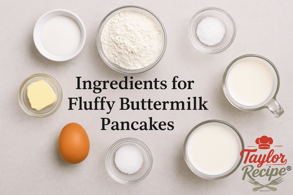 Ingredients for fluffy buttermilk pancakes including flour, eggs, and buttermilk