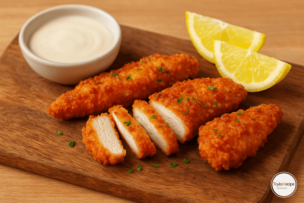 Crispy chicken tenders sliced and arranged on a cutting board for a chicken Caesar wrap with Caesar dressing and lemon wedges
