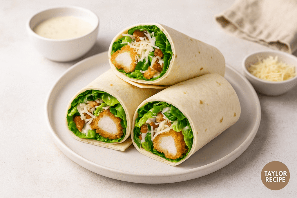 Sliced crispy chicken tenders prepared for a chicken Caesar wrap, placed on a wooden board with Caesar dressing and lemon slices nearby.