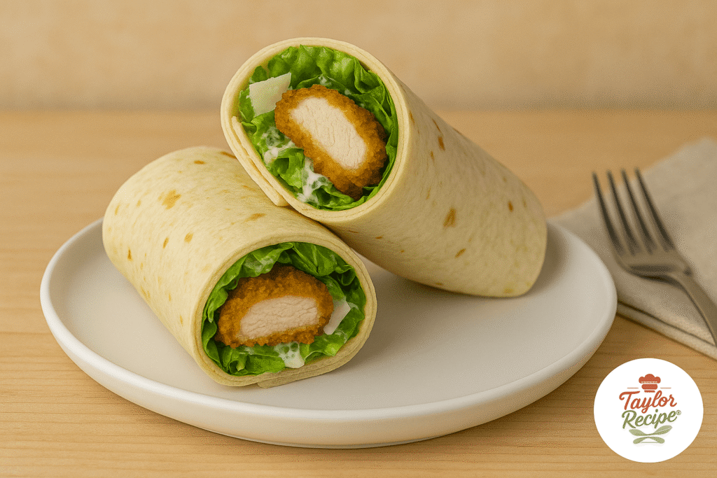Sliced crispy chicken tenders on a wooden board with Caesar dressing and lemon, ready to assemble a chicken Caesar wrap.