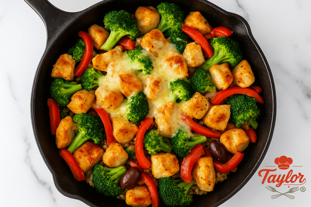 Skillet chicken with broccoli and red bell pepper served on a plate