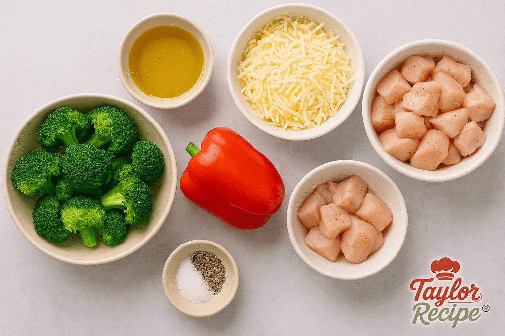 Ingredients for skillet chicken with broccoli and red bell pepper on marble surface