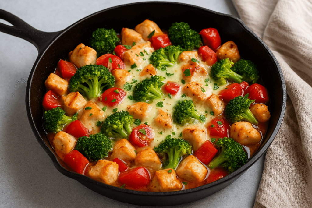 Skillet chicken with broccoli and red bell pepper topped with melted cheese
