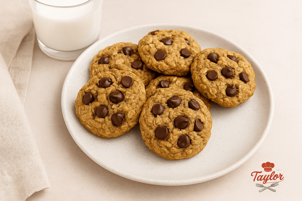 Chocolate chip breakfast cookies served with milk and fresh fruit