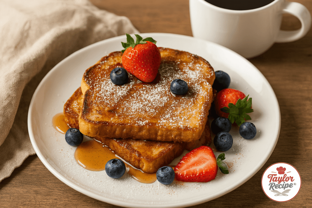 Cinnamon vanilla french toast topped with fresh berries and maple syrup