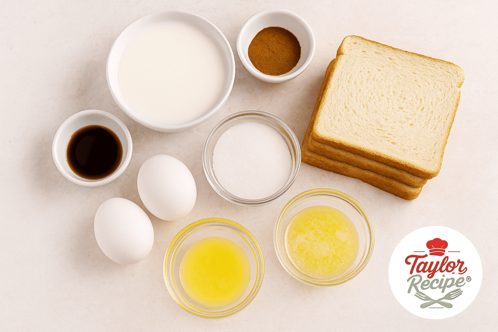 Ingredients for cinnamon vanilla french toast – eggs, milk, cinnamon, vanilla extract, and bread
