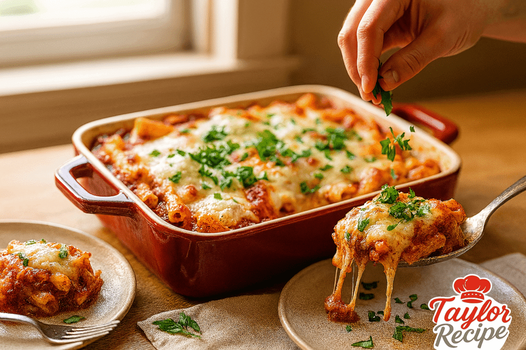 Garnished baked ziti with ricotta being served with fresh herbs and a melty cheese topping.