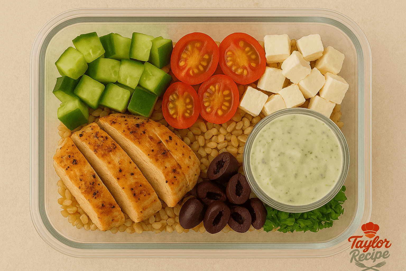 High-protein Greek chicken grain bowl with quinoa, grilled chicken, fresh vegetables, feta, and tzatziki in a meal prep container