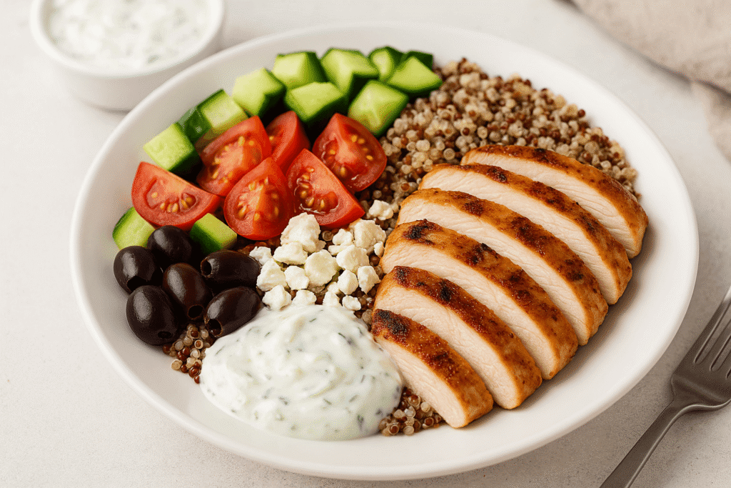 Assembling a high-protein Greek chicken grain bowl with quinoa base, grilled chicken, and chopped vegetables