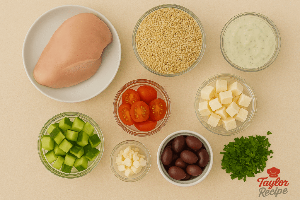 Ingredients for a high-protein Greek chicken grain bowl including quinoa, chicken, tomatoes, cucumbers, olives, and feta