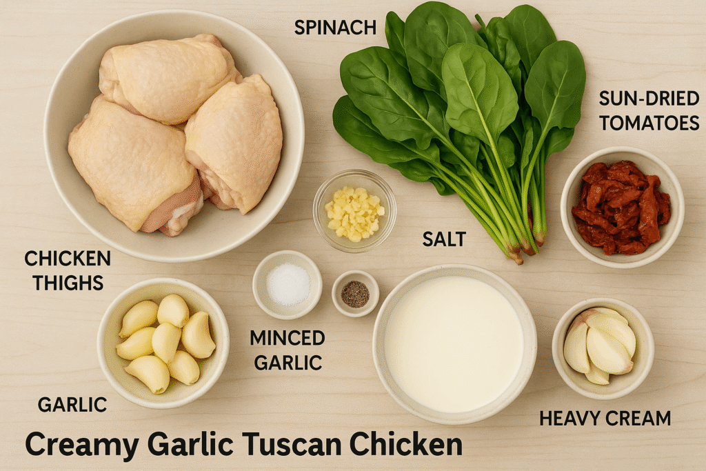 Ingredients for creamy garlic Tuscan chicken laid out in ceramic bowls including spinach, sun-dried tomatoes, garlic, chicken thighs, and cream.