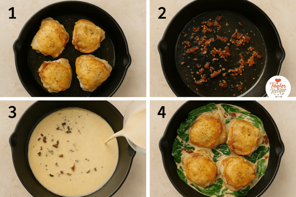Four-step collage showing how to make creamy garlic Tuscan chicken: searing chicken thighs, sautéing garlic and sun-dried tomatoes, pouring cream to create sauce, and simmering chicken with spinach in creamy sauce.