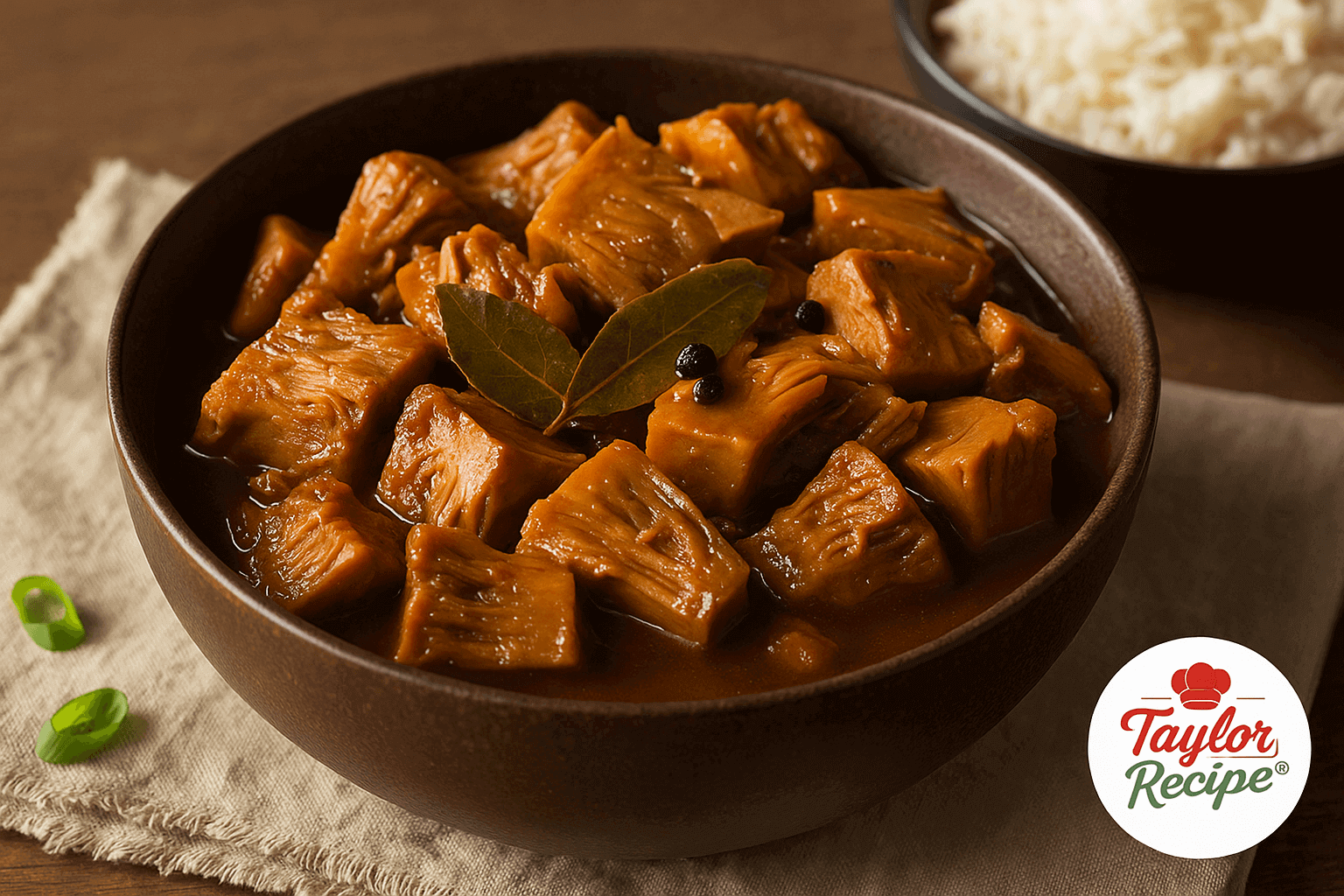 Jackfruit adobo served in a brown ceramic bowl with sauce and white rice on the side