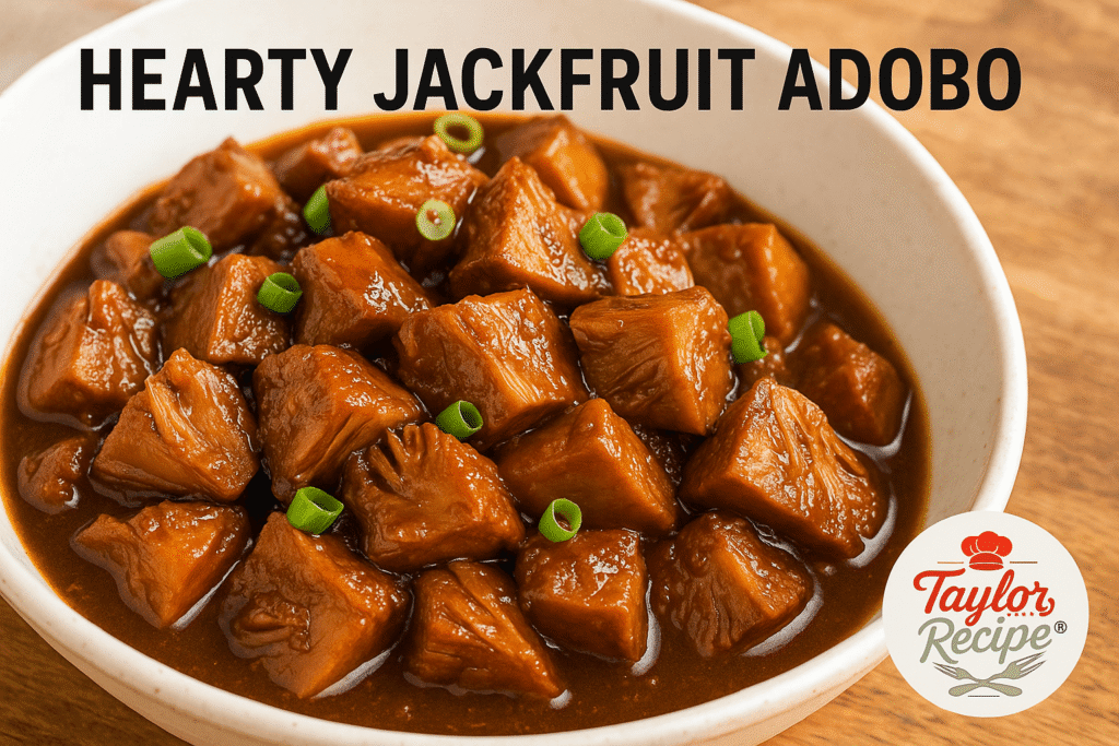 Bowl of jackfruit adobo in rich soy-vinegar sauce with steamed rice and bay leaves