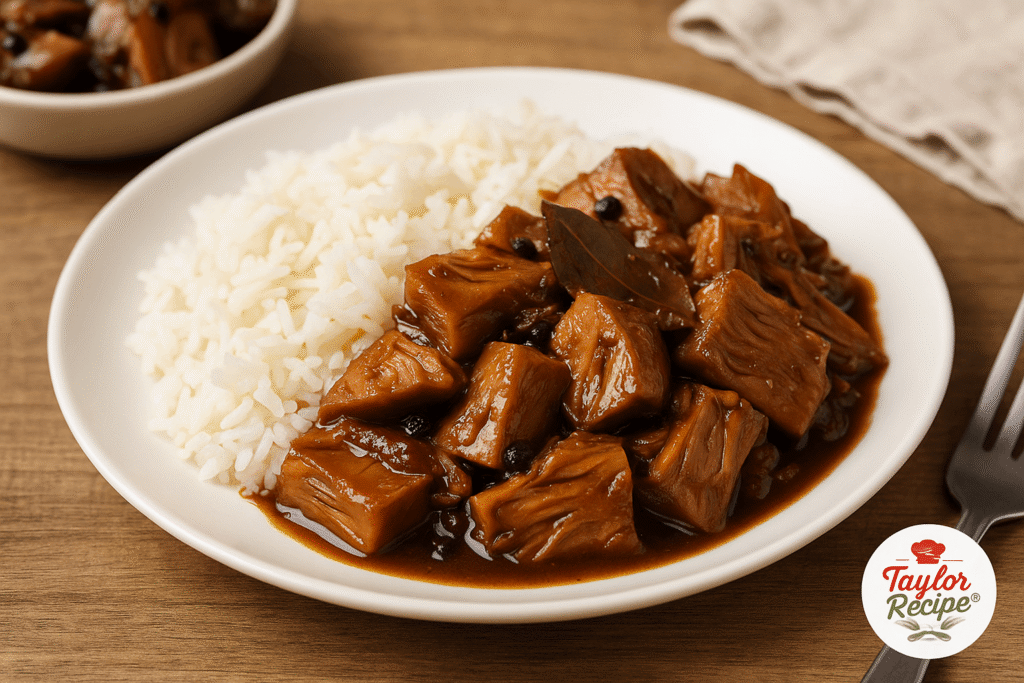 Plate of jackfruit adobo served with white rice on a rustic table setting