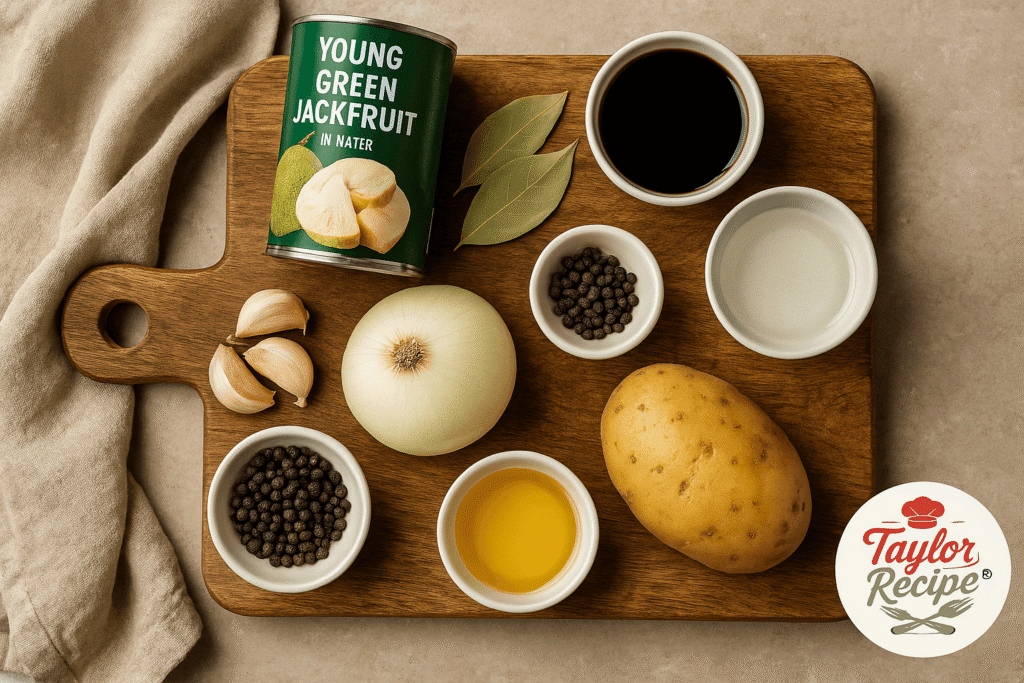ngredients for jackfruit adobo including canned jackfruit, soy sauce, vinegar, garlic, onion, bay leaves, and black peppercorns on a wooden board