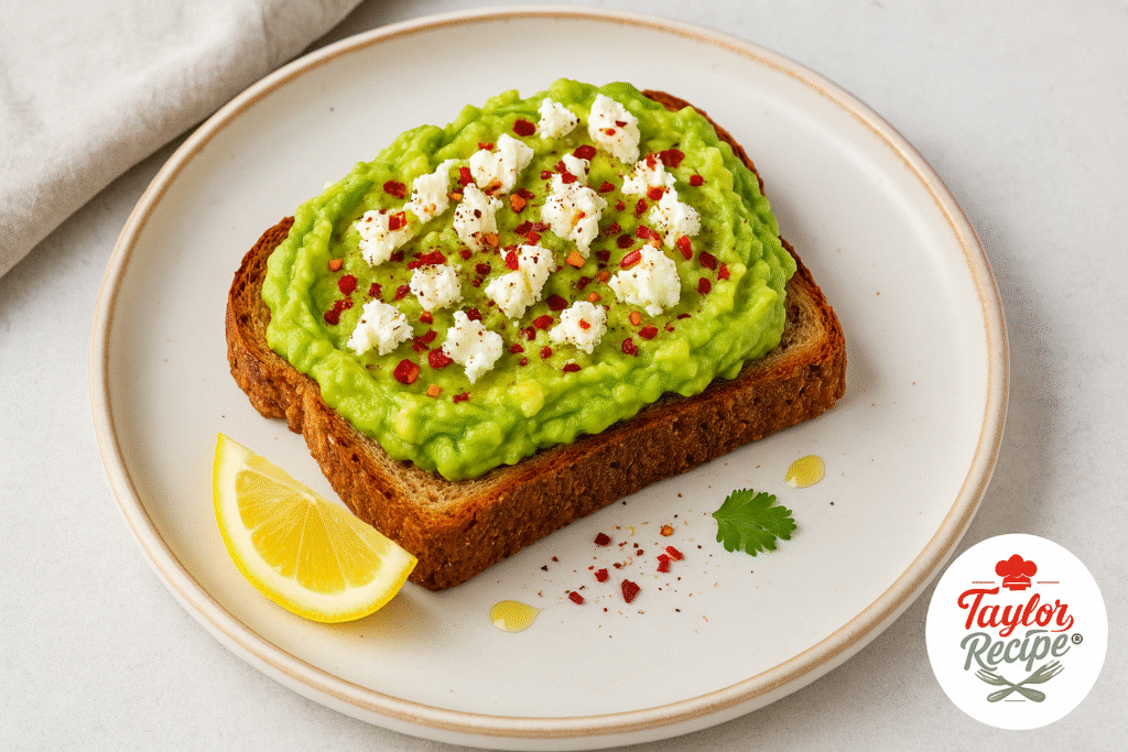 Avocado toast served on a ceramic plate, topped with mashed avocado, crumbled feta cheese, chili flakes, and a lemon wedge on the side. A sprig of cilantro and a drizzle of olive oil decorate the plate, with the Taylor Recipe logo in the bottom right corner.
