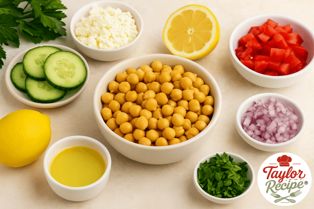 Ingredients for chickpea salad with lemon vinaigrette displayed in bowls