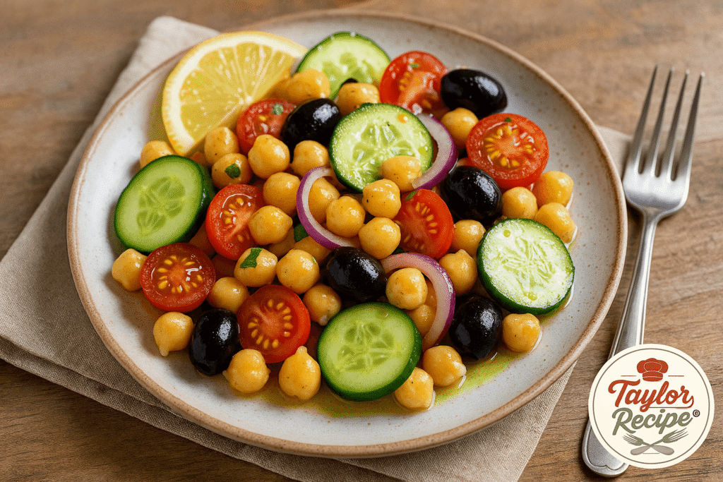 Chickpea salad plated with cucumber, cherry tomatoes, and lemon slices