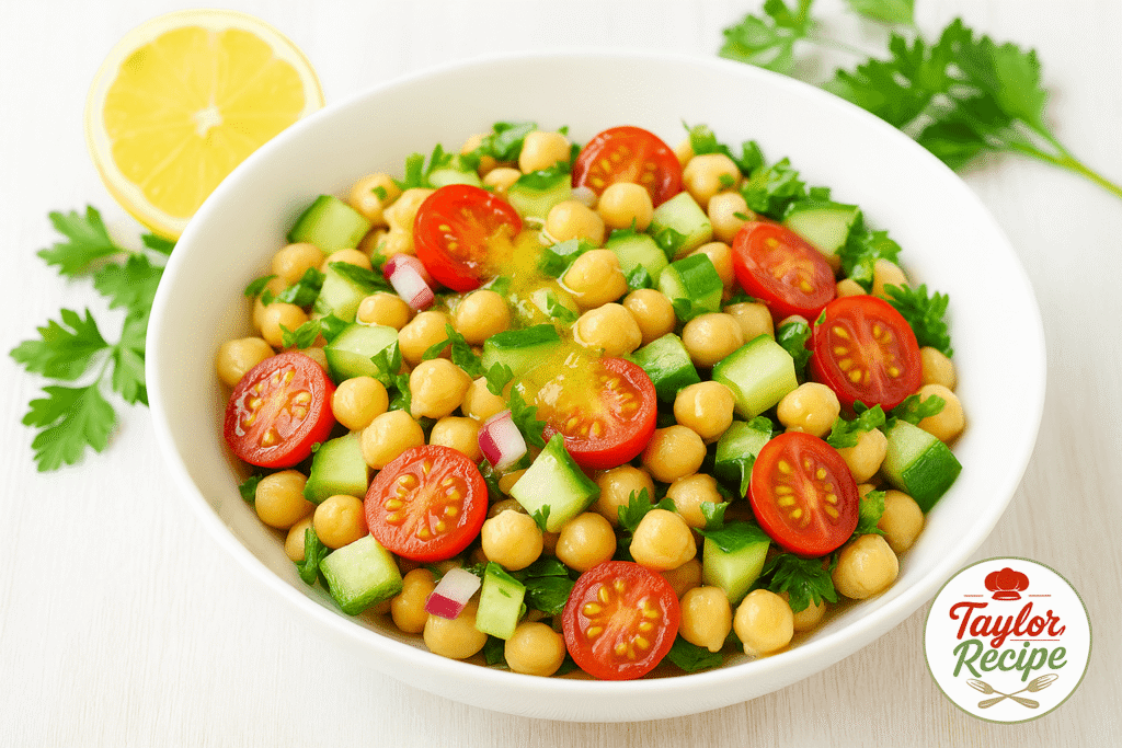 Healthy chickpea salad in a white bowl with lemon and parsley garnish