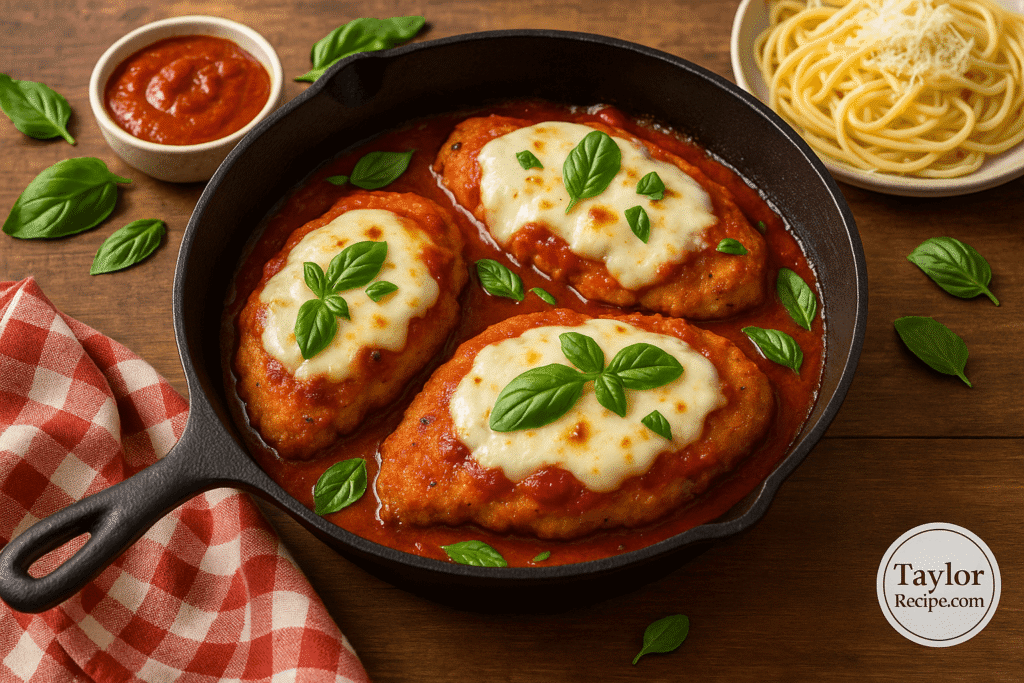 Cheesy baked chicken in a skillet with tomato sauce and herbs