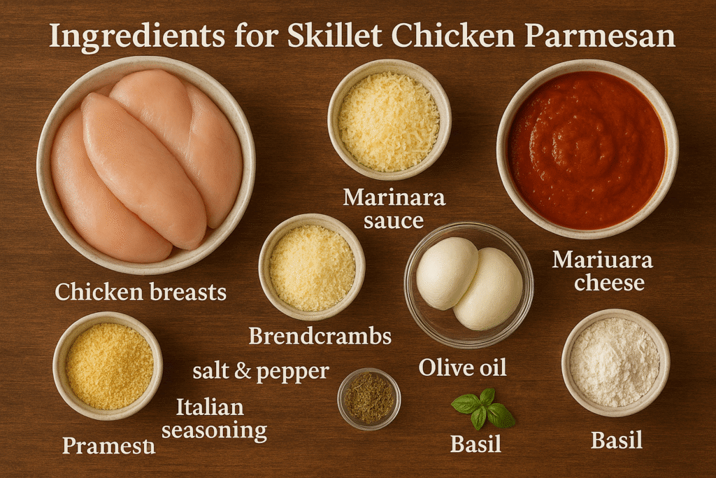Laid out ingredients for making chicken Parmesan: chicken, mozzarella, sauce, breadcrumbs