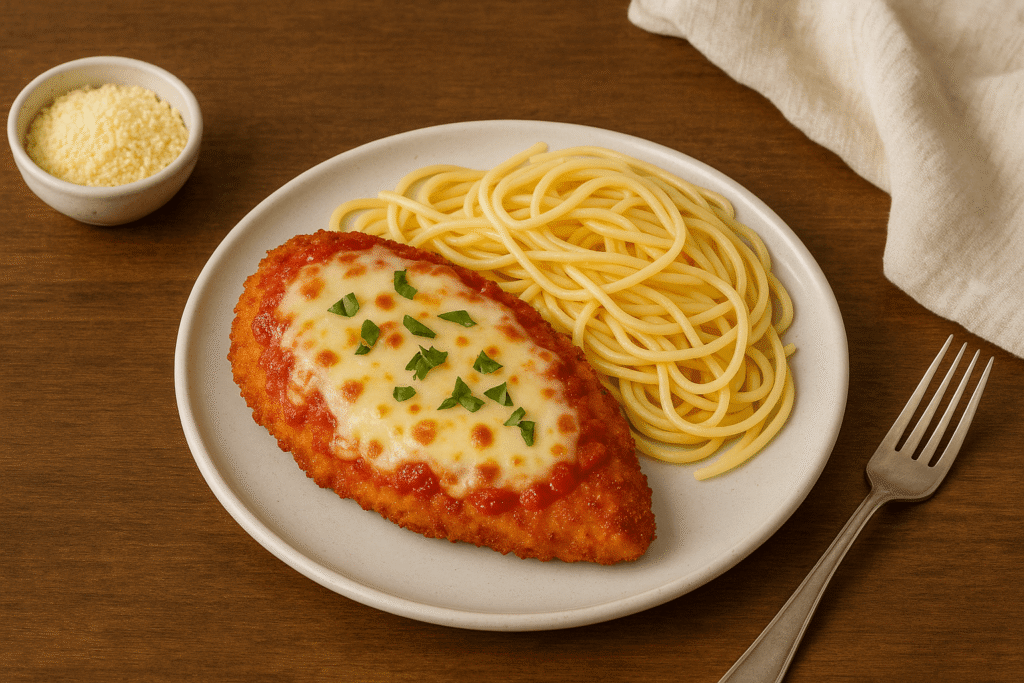 Chicken Parmesan plated with spaghetti and fresh basil