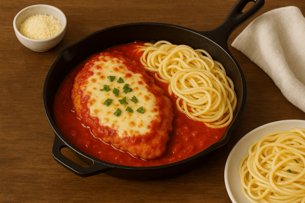 Crispy chicken with melted mozzarella and marinara in a skillet