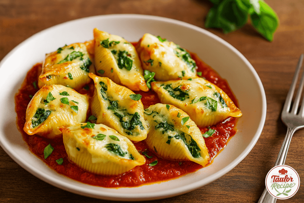 Baked stuffed shells with ricotta cheese and spinach in a casserole