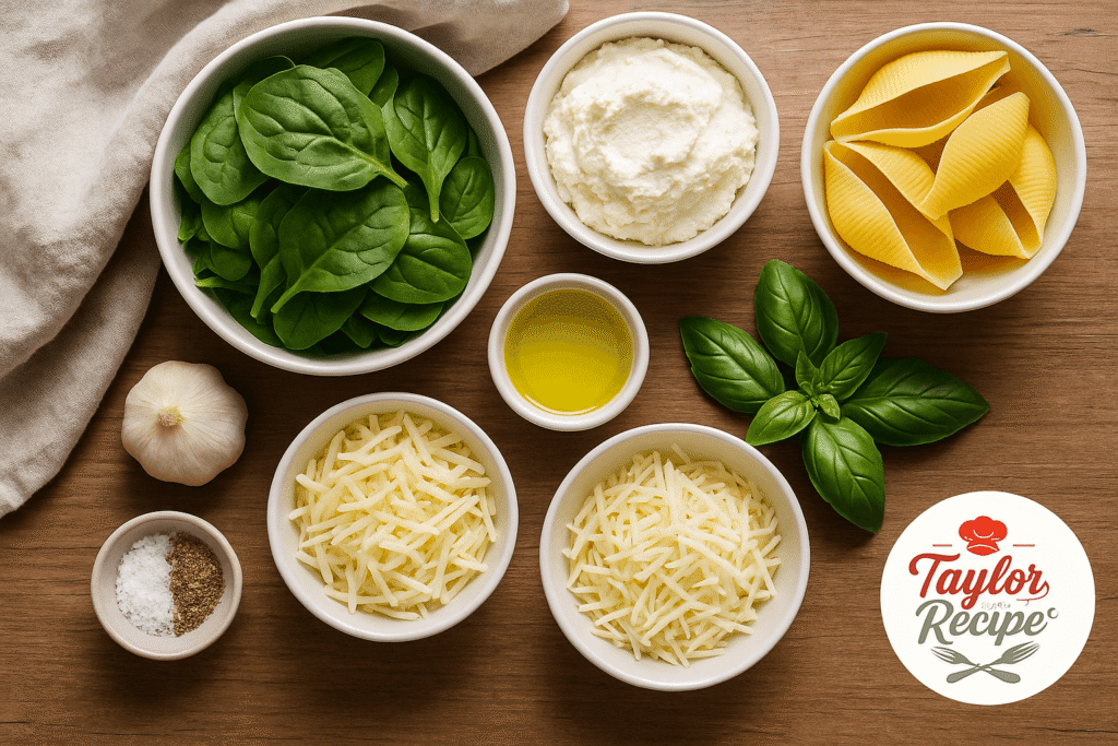 ricotta cheese, spinach, and pasta shells arranged on a table