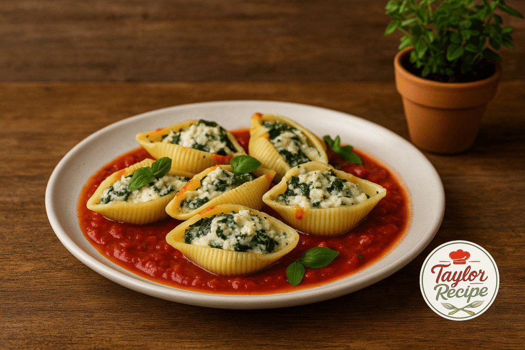Fresh ricotta cheese draining in a cheesecloth-lined bowl, surrounded by uncooked pasta shells, spinach leaves, and a wooden spoon on a rustic surface, with the Taylor Recipe logo in the corner.