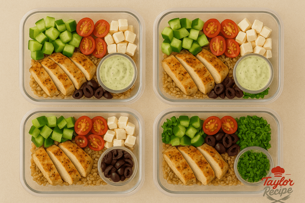 High-protein Greek chicken grain bowl stored in glass containers for weekly meal prep
