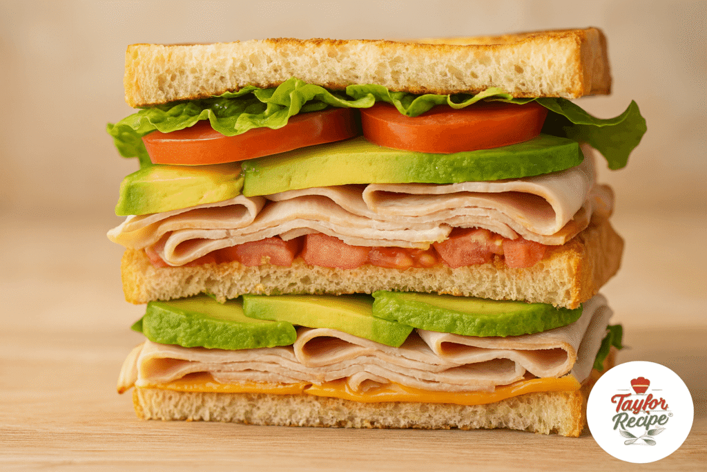 Hearty sandwich with avocado, bacon, and turkey on a rustic table