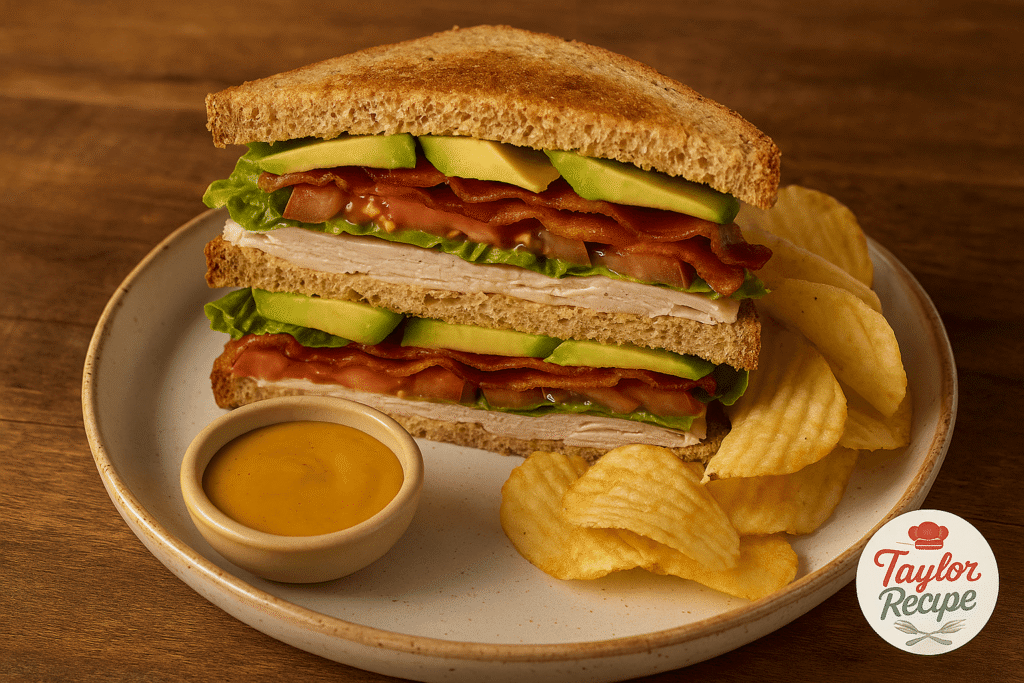 Sliced sandwich served with chips and honey mustard on a ceramic plate
