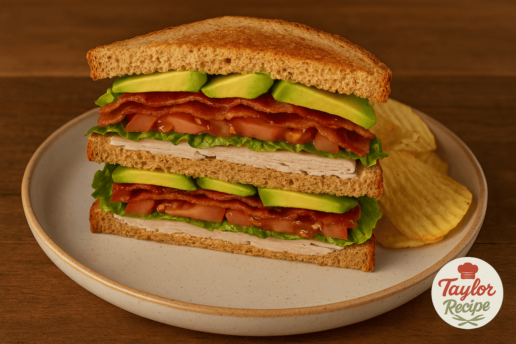 Club sandwich layers of turkey, avocado, lettuce, tomato, and bacon