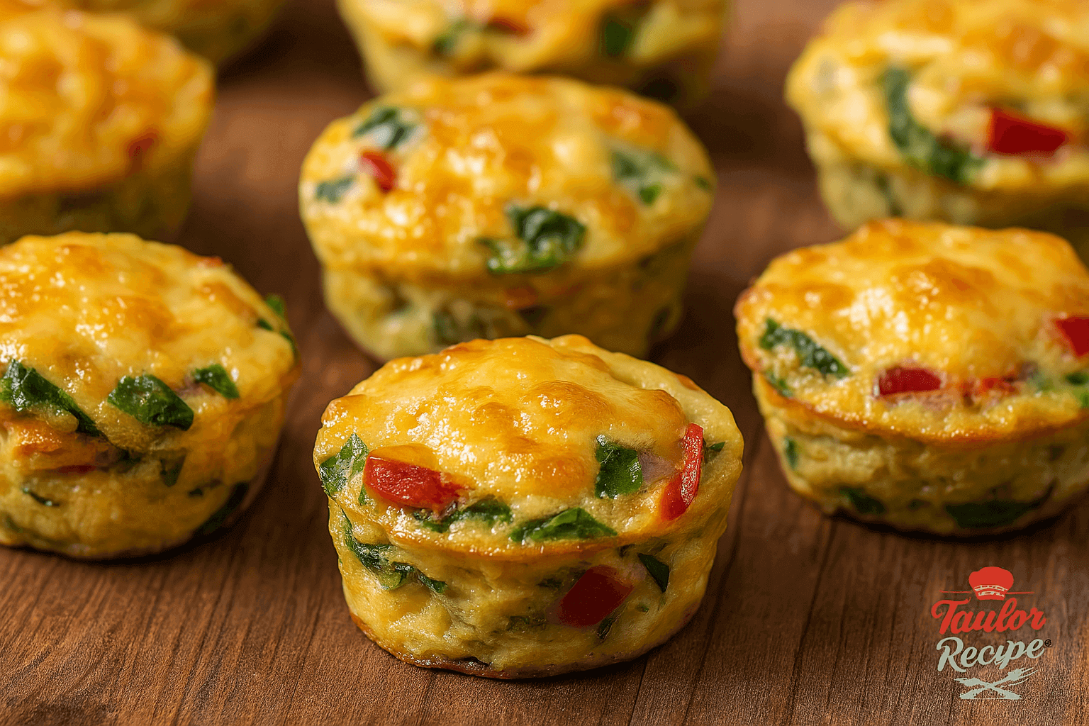 Healthy veggie egg muffins on a plate with spinach and red bell pepper