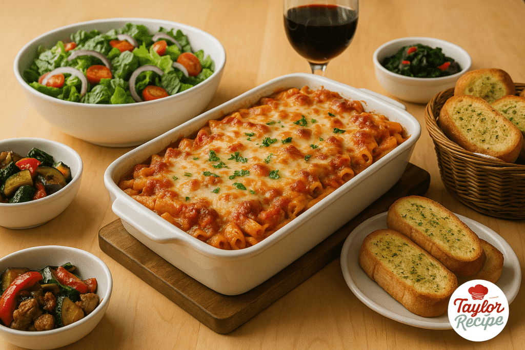 Table set with baked ziti with ricotta, garlic bread, salad, and roasted vegetables.