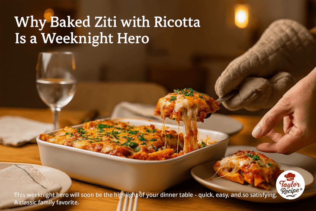 Family dinner featuring baked ziti with ricotta being served at the table.