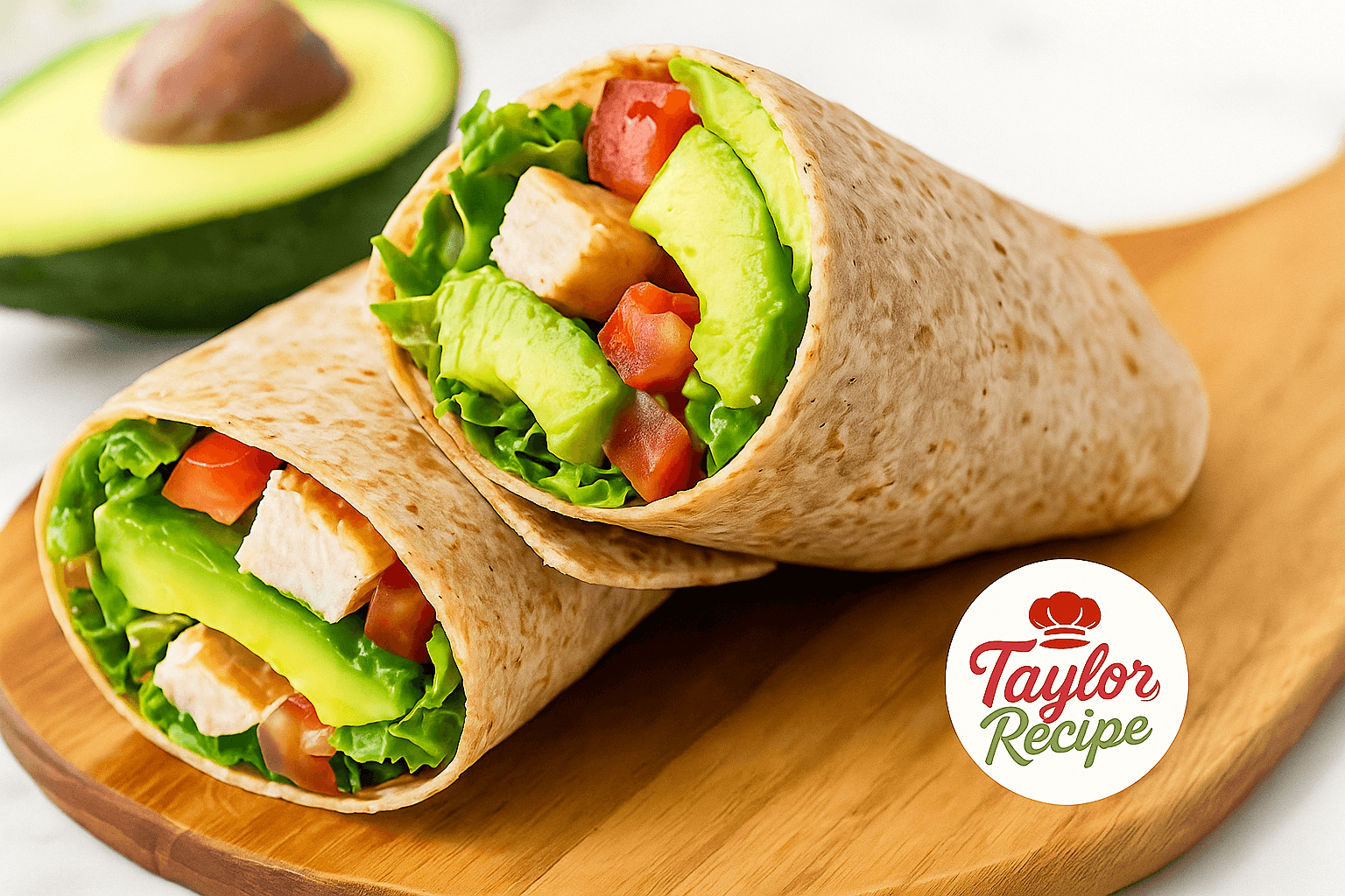 Chicken avocado wrap with grilled chicken, fresh avocado, and greens in a soft tortilla