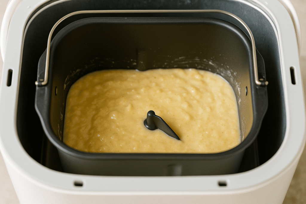 Sliced banana bread from bread maker on a serving plate