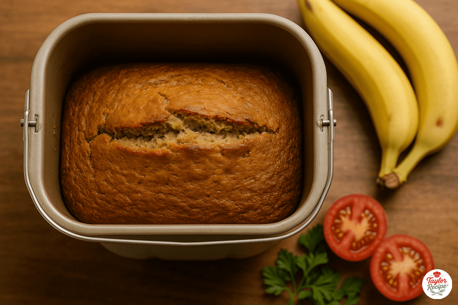 Freshly baked banana loaf sliced on a wooden board, made in a bread machine