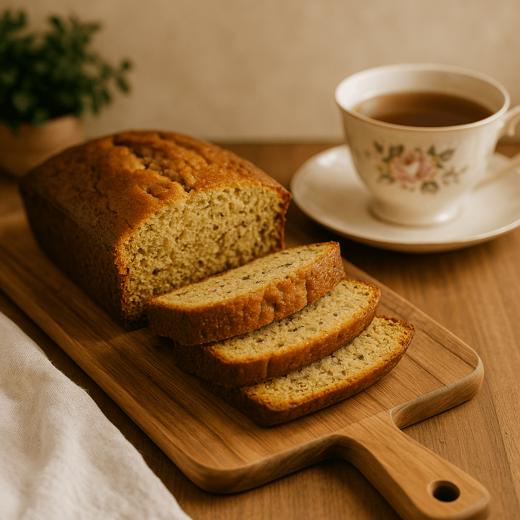 Freshly baked banana loaf made in a bread maker on a wooden table