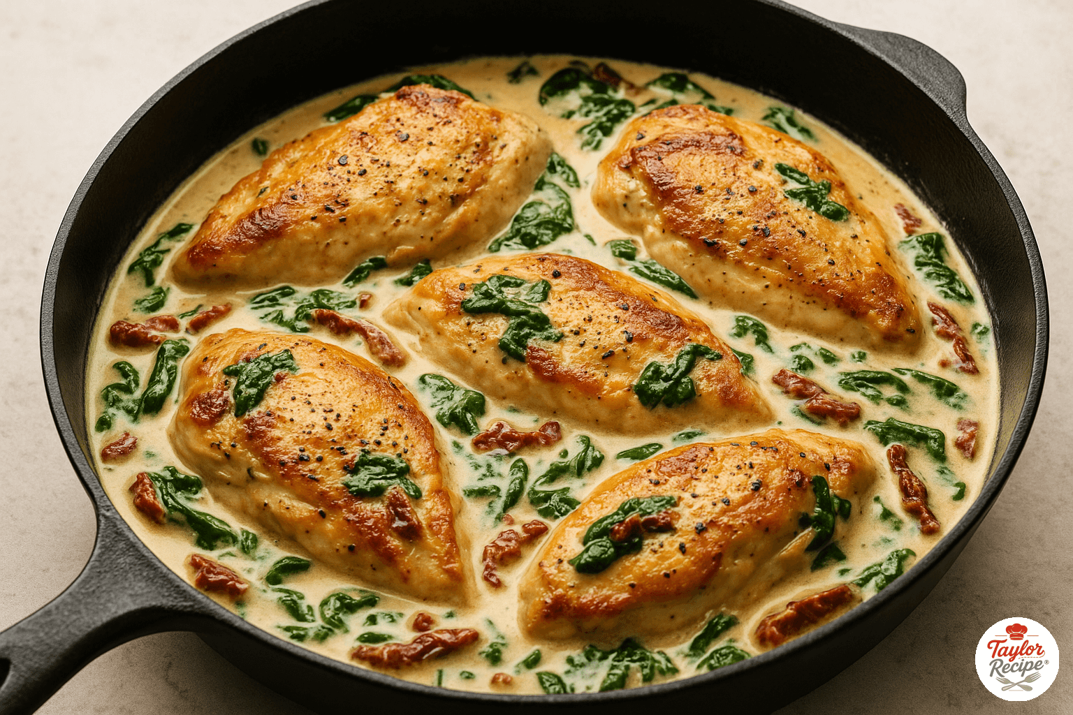 Creamy garlic butter Tuscan chicken with sun-dried tomatoes and spinach in a rich parmesan sauce