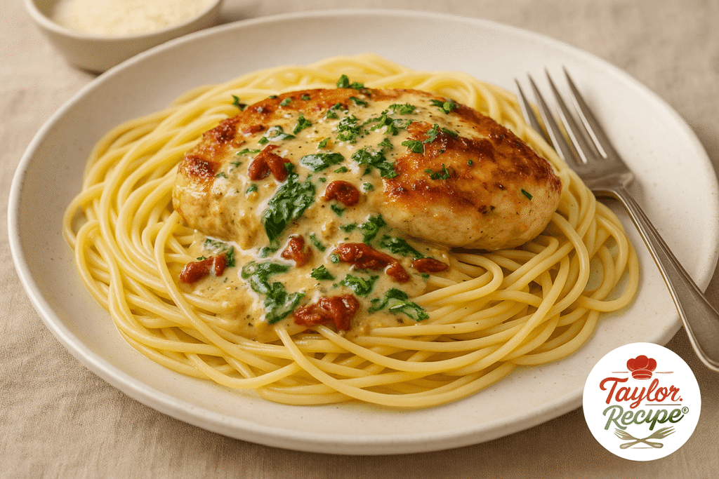 Four-step collage showing how to make creamy garlic Tuscan chicken: searing chicken thighs, sautéing garlic and sun-dried tomatoes, pouring cream to create sauce, and simmering chicken with spinach in creamy sauce.