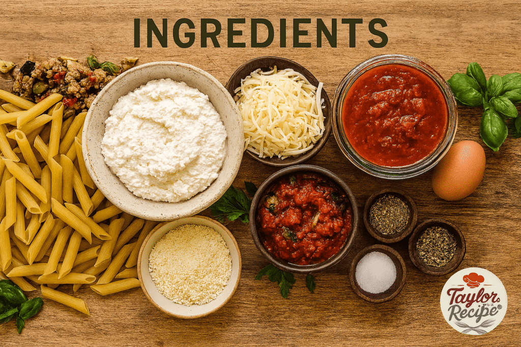Ingredients for baked ziti with ricotta, mozzarella, pasta, marinara, and fresh herbs arranged on a counter.