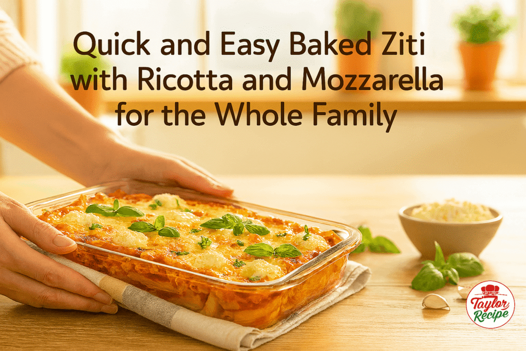 Hands placing a dish of baked ziti with ricotta on a kitchen counter, ready to serve.