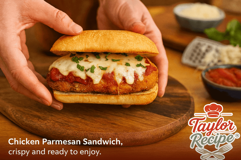 Hands placing a crispy chicken parmesan sandwich with melted mozzarella, marinara sauce, and basil on a wooden board in a warm kitchen.